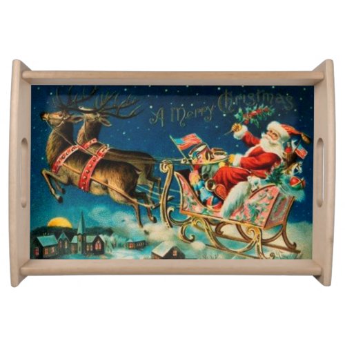 Vintage Santa Claus Sleigh Christmas Holiday Serving Tray