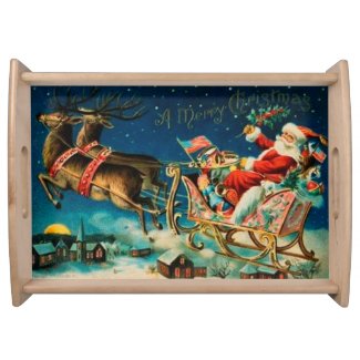 Vintage Santa Claus Sleigh Christmas Holiday Serving Tray
