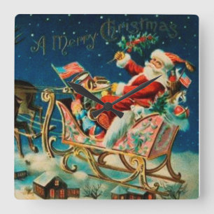 Vintage Santa Claus Sleigh Christmas Holiday Square Wall Clock