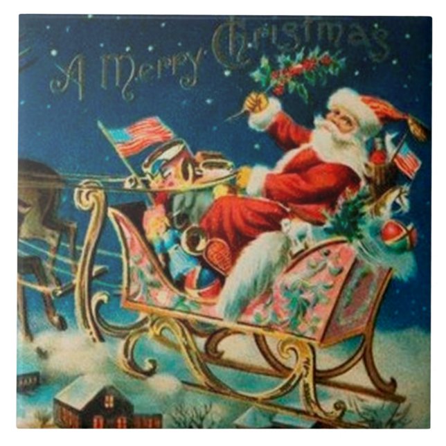 Vintage Santa Claus Sleigh Christmas Holiday Tile (Front)