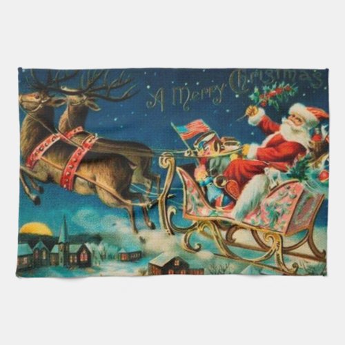 Vintage Santa Claus Sleigh Christmas Holiday Towel