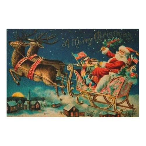 Vintage Santa Claus Sleigh Christmas Holiday Wood Wall Art