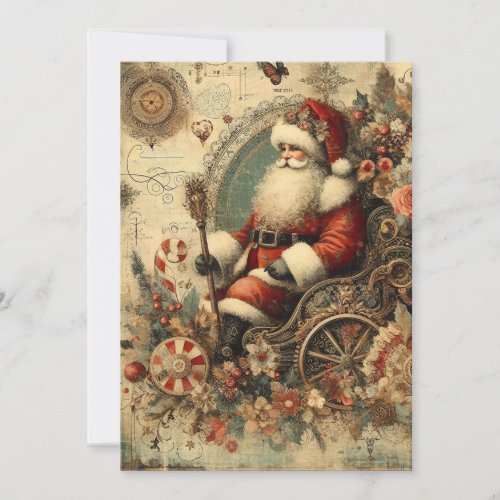 Vintage Santa Claus Sleigh Merry Christmas Holiday Card