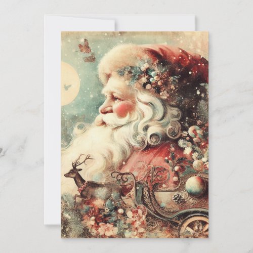 Vintage Santa Claus Sleigh Moon Presents Holiday Card