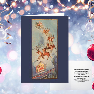 Vintage Santa Claus Sleigh Reindeer Flying Over Holiday Card