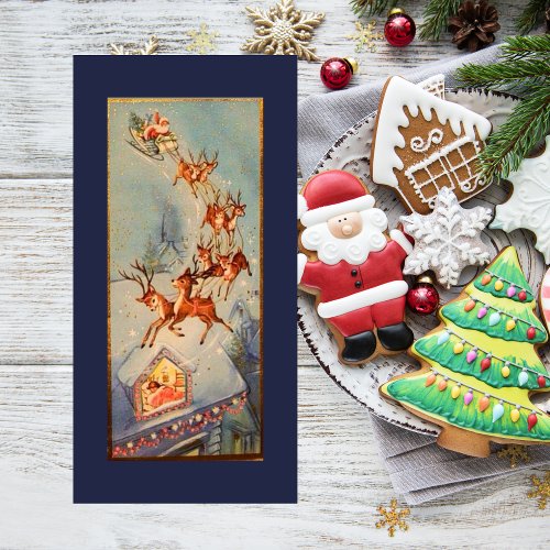 Vintage Santa Claus Sleigh Reindeer Flying Over Holiday Card