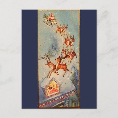 Vintage Santa Claus Sleigh Reindeer Flying Over Postcard