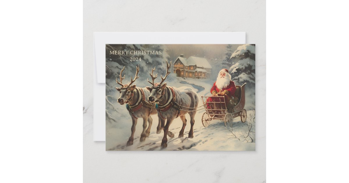 Vintage Santa Claus Sleigh Snow Merry Christmas Holiday Card | Zazzle
