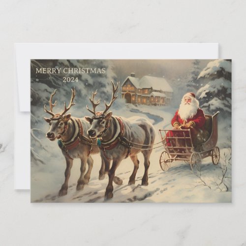 Vintage Santa Claus Sleigh Snow Merry Christmas  Holiday Card