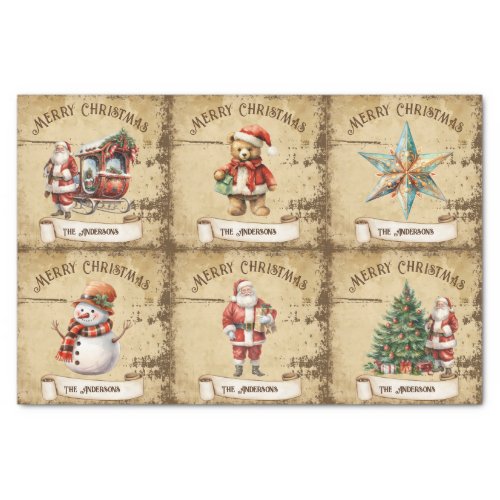 Vintage Santa Claus Sleigh Snowman Tree Star Bear Tissue Paper