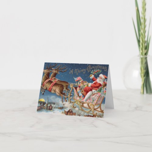 Vintage Santa Claus Sleigh With Reindeer Merry     Holiday Card