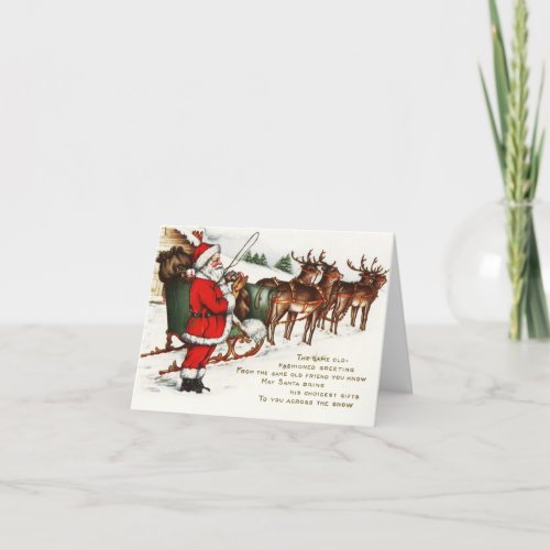 Vintage Santa Claus Sleigh With Reindeer Snow Old Holiday Card