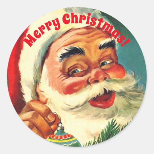 Vintage Santa Claus Smiling with Ornament Classic Round Sticker