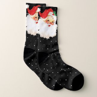 Vintage Santa Claus & Snow on Black Socks