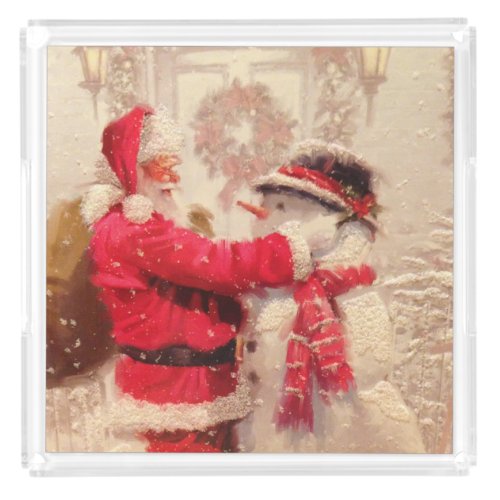 Vintage Santa Claus Snowman Christmas Acrylic Tray