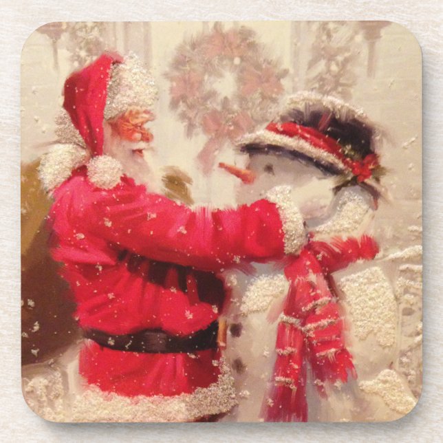 Vintage Santa Claus Snowman Christmas Beverage Coaster (Front)