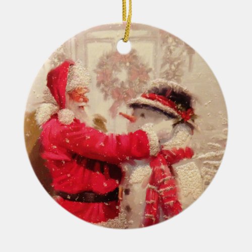 Vintage Santa Claus Snowman Christmas Ceramic Ornament