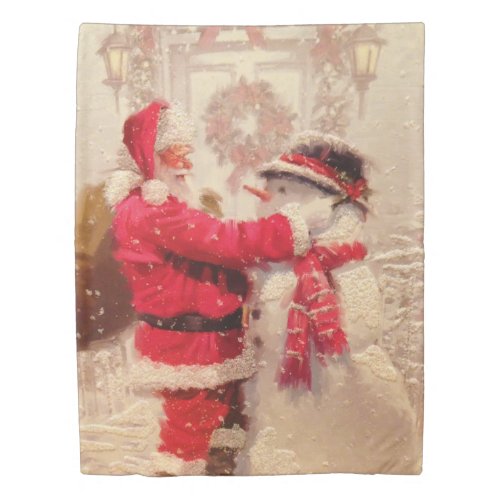 Vintage Santa Claus Snowman Christmas Duvet Cover