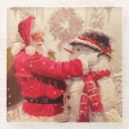 Vintage Santa Claus Snowman Christmas Glass Coaster