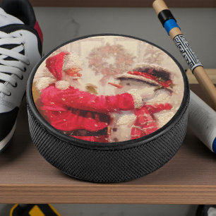 Vintage Santa Claus Snowman Christmas Holidays Hockey Puck