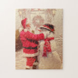 Vintage Santa Claus Snowman Christmas | Holidays Jigsaw Puzzle<br><div class="desc">This design features a jovial Santa Claus and snowman in the snow. 
 #christmas #christmasgifts #gifts #puzzles #games #jigsawpuzzles</div>