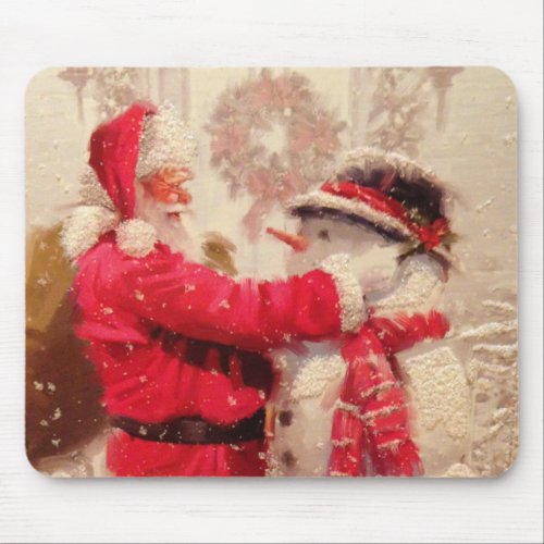Vintage Santa Claus Snowman Christmas  Holidays Mouse Pad