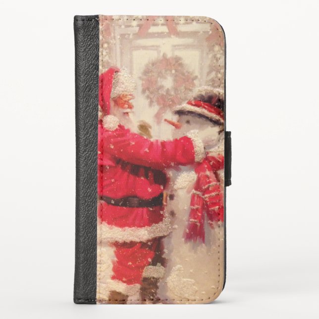 Vintage Santa Claus Snowman Christmas iPhone Wallet Case (Front)