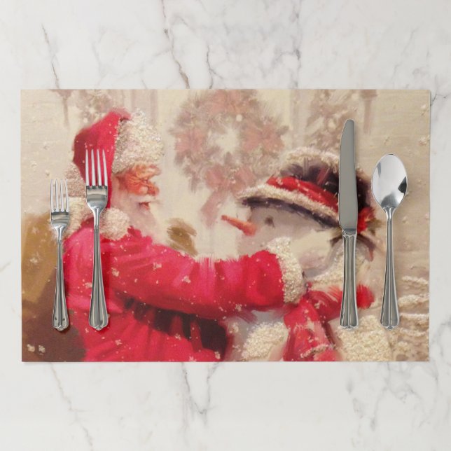 Vintage Santa Claus Snowman Christmas Paper Placemat (In Situ)