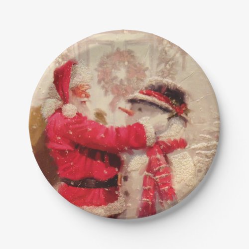 Vintage Santa Claus Snowman Christmas Paper Plates