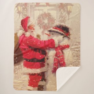 Vintage Santa Claus Snowman Christmas Sherpa Blanket