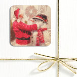 Vintage Santa Claus Snowman Christmas Square Sticker<br><div class="desc">Vintage Santa Claus Snowman Christmas Stickers and Labels features a jovial Santa Claus and snowman in the snow. Perfect for Christmas gift wrapping,  favors and gifts. Created by Evco Holidays www.zazzle.com/store/evcosholidays</div>