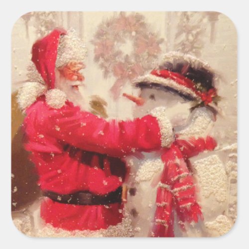 Vintage Santa Claus Snowman Christmas Square Sticker