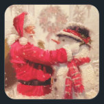 Vintage Santa Claus Snowman Christmas Square Sticker<br><div class="desc">This design features a jovial Santa Claus and snowman in the snow. 
#christmas #santa #winter #cute</div>