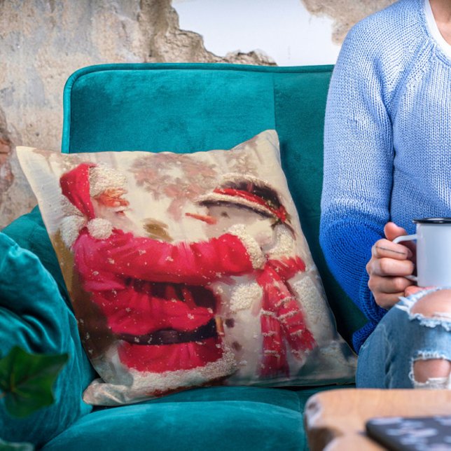 Vintage Santa Claus Snowman Christmas Throw Pillow (Creator Uploaded)
