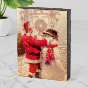Vintage Santa Claus Snowman Christmas Wooden Box Sign