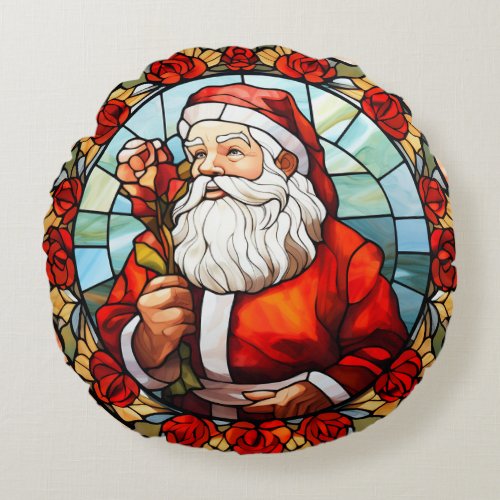 Vintage Santa Claus Stained Glass Roses Christmas Round Pillow
