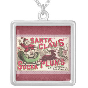 Vintage Santa Claus Sugar Plums Ad Antique Candy Silver Plated Necklace