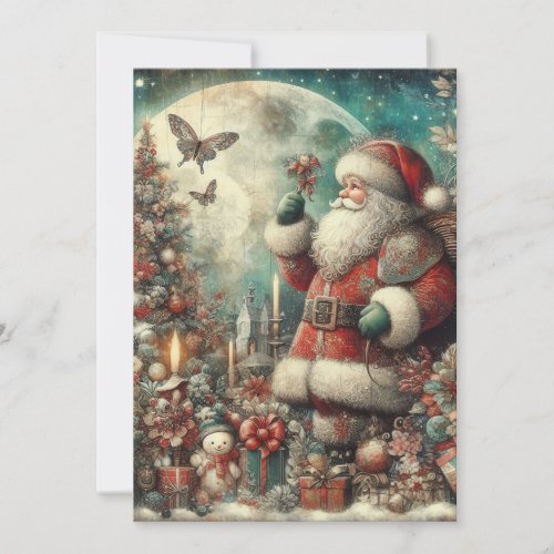 Vintage Santa Claus Tree Moon Presents Holiday Card