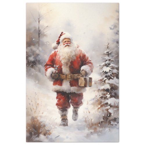 Vintage Santa Claus walking in snowy forest Tissue Paper