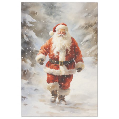 Vintage Santa Claus walking in snowy forest Tissue Paper