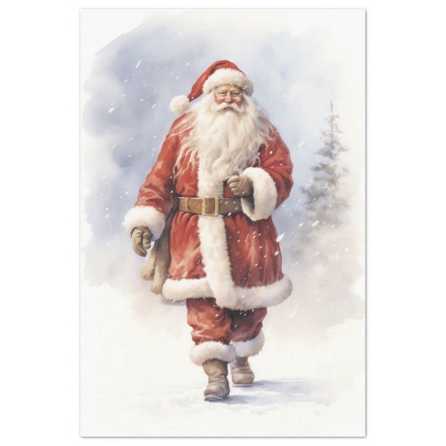 Vintage Santa Claus walking in snowy forest Tissue Paper