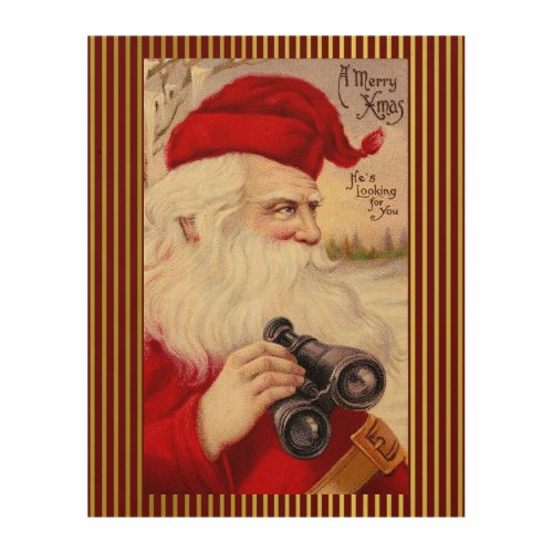 Vintage Santa Claus With Binoculars Holiday Wood Wall Art