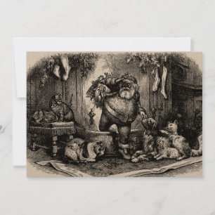 Vintage Santa Claus With Cats & Dogs Christmas Holiday Card