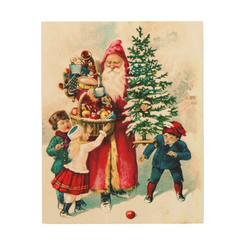 Vintage Santa Claus with Children Holiday Wood Wall Art