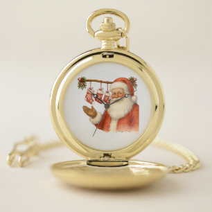 Vintage Santa Claus with Christmas Stockings Pocket Watch