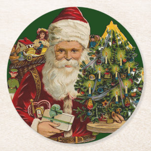 Vintage Santa Claus with Gifts Christmas Round Paper Coaster