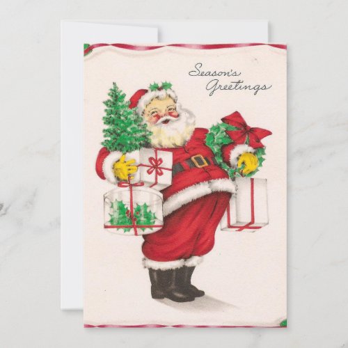 Vintage Santa Claus With Gifts Holiday Card