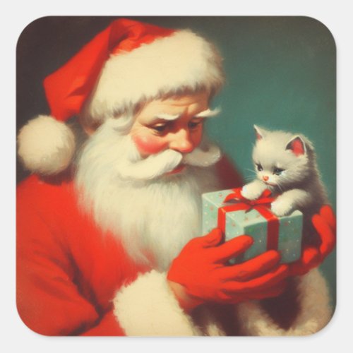 Vintage Santa Claus with Kitten Retro Cute Square Sticker