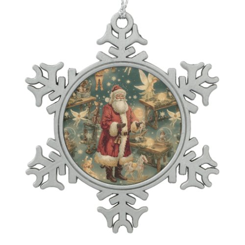 Vintage Santa Claus with Magic &amp; Fairies Snowflake Pewter Christmas Ornament