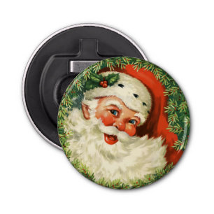 Vintage Santa Claus with Pine Wreath Bottle Opener
